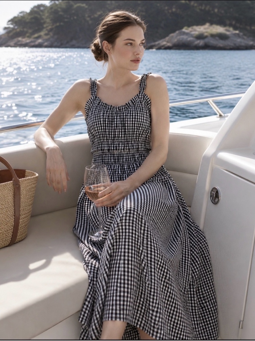 CAROLINE CONSTAS Navy Blue Marianne Gingham Maxi Smocked Maxi Dress M (DOEN